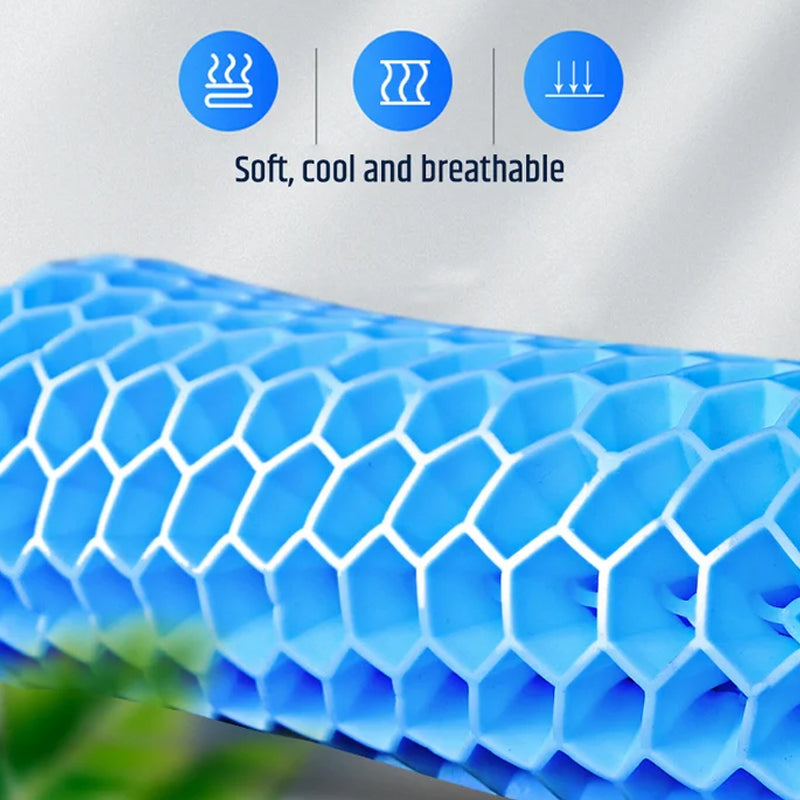 Ergonomisk blå gelpude med honeycomb-struktur, til sæder, giver støtte og køling til hjemme- og kontorbrug.