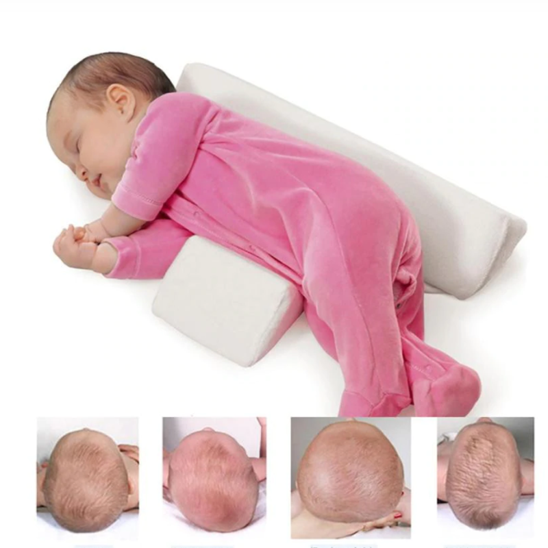 Ergonomisk babypude til liggende position, støtter hoved og krop, åndbart materiale, neutrale farver, forhindrer fladt hoved.