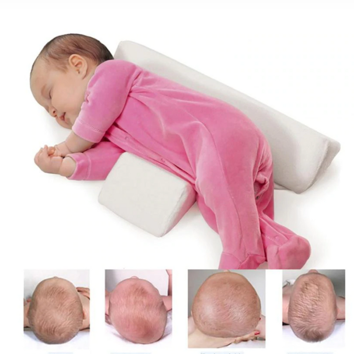 Ergonomisk babypude til liggende position, støtter hoved og krop, åndbart materiale, neutrale farver, forhindrer fladt hoved.