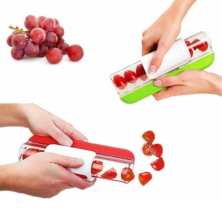 Ergonomisk, farverig frugt- og grøntsagsskærer i nærbillede, rustfrit stål og plastik, moderne design.