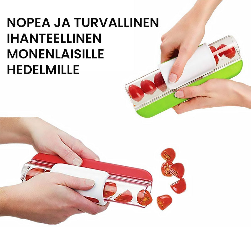 Ergonomisk, farverig frugt- og grøntsagsskærer i nærbillede, rustfrit stål og plastik, moderne design.