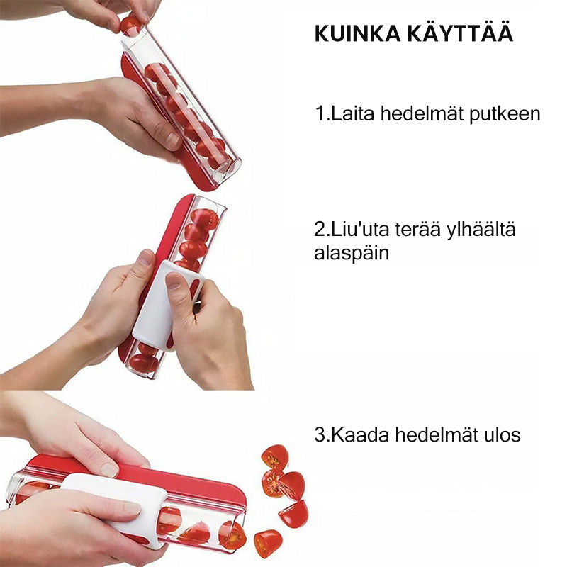 Ergonomisk, farverig frugt- og grøntsagsskærer i nærbillede, rustfrit stål og plastik, moderne design.
