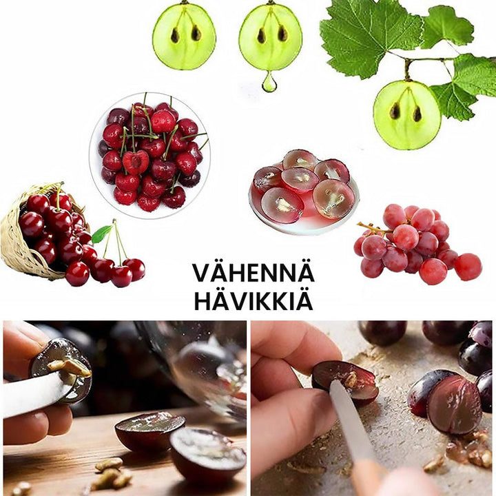 Ergonomisk, farverig frugt- og grøntsagsskærer i nærbillede, rustfrit stål og plastik, moderne design.