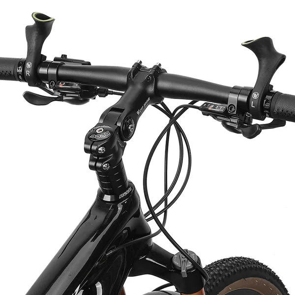 Ergonomiske cykelhåndtag i kulfiber, stilrent sort design forbedrer håndposition og reducerer vibrationer under cykling.