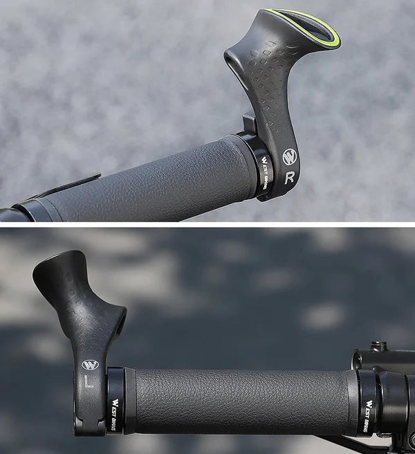 Ergonomiske cykelhåndtag i kulfiber, stilrent sort design forbedrer håndposition og reducerer vibrationer under cykling.