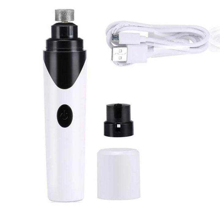 Meget støjsvag USB-opladelig negleklipper til kæledyr, kompakt design, aftagelig slibeskive og beskyttelsesdæksel.