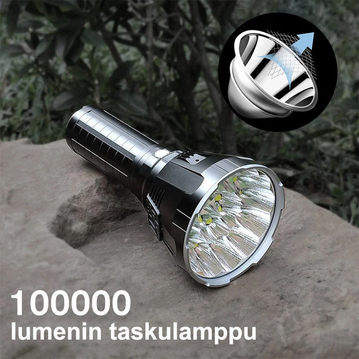 Ekstra kraftig 100.000 lumen LED-lommelygte med robust ABS-konstruktion og IPX6 vandtæthed, ideel til udendørs brug.
