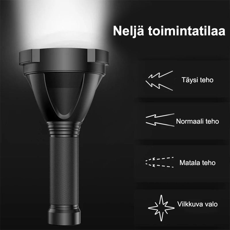 Ekstra kraftig 100.000 lumen LED-lommelygte med robust ABS-konstruktion og IPX6 vandtæthed, ideel til udendørs brug.
