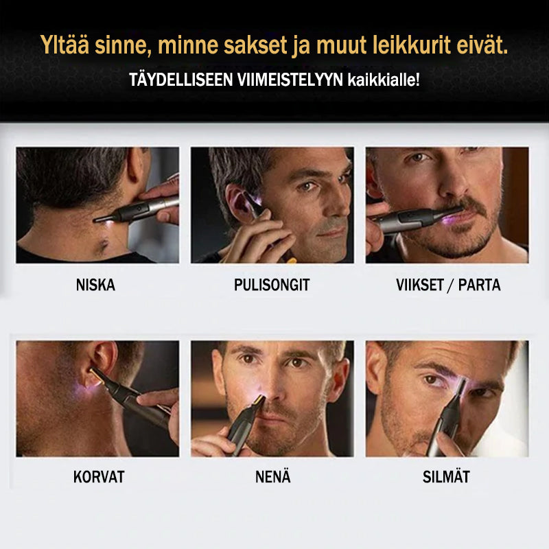Ultra-slank, vandtæt præcisionstrimmer til mænd i grå; ideel til ansigtspleje, trådløs, skridsikkert greb.