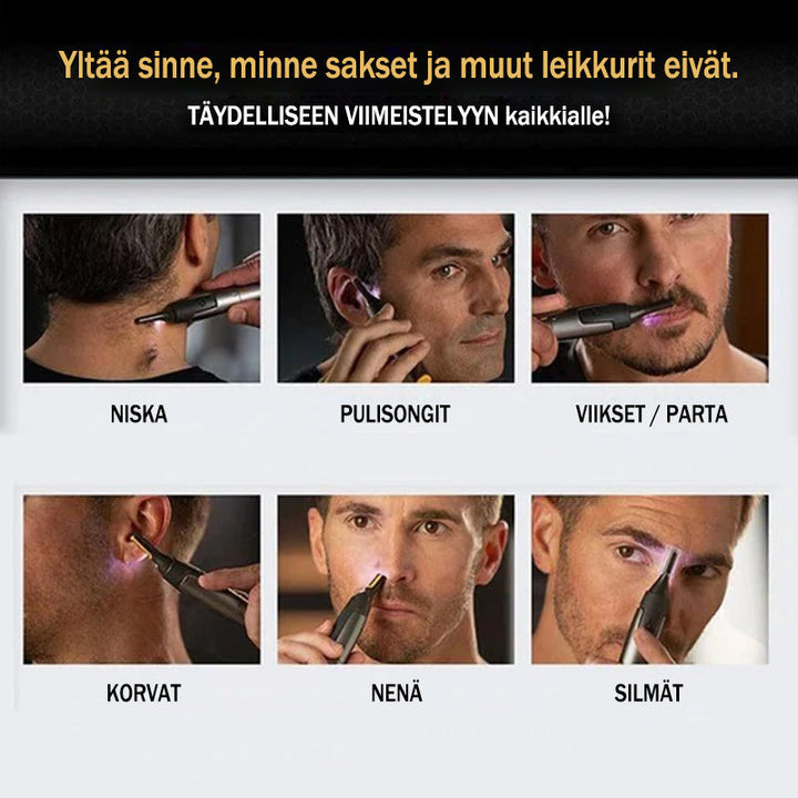 Ultra-slank, vandtæt præcisionstrimmer til mænd i grå; ideel til ansigtspleje, trådløs, skridsikkert greb.