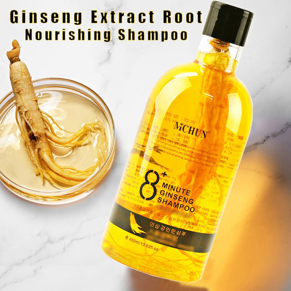 Ginseng-uutetta sisältävä shampoo, luonnollinen koostumus, elvyttää ja kosteuttaa päänahkaa, kiiltävät ja terveet hiukset.