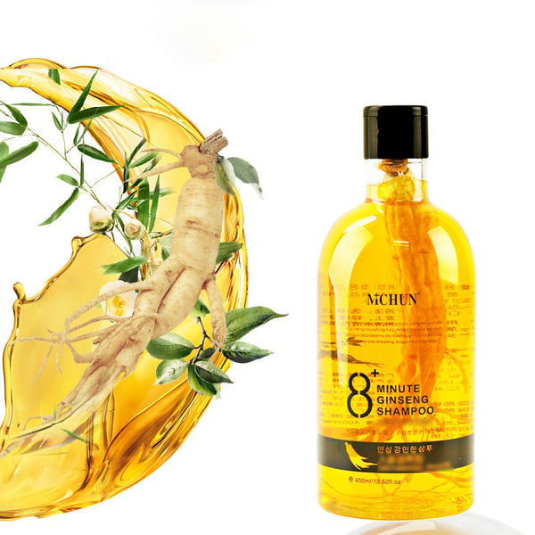 Ginseng-uutetta sisältävä shampoo, luonnollinen koostumus, elvyttää ja kosteuttaa päänahkaa, kiiltävät ja terveet hiukset.