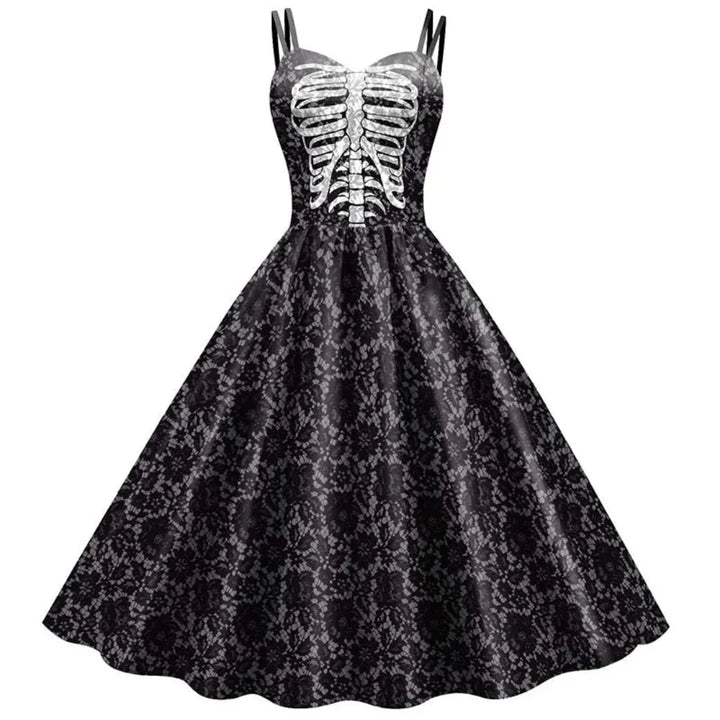 Dame gotisk A-formet kjole, vintage-stil, med blodplettede roser og skeletribben mønstre, perfekt til goth-mode og fester
