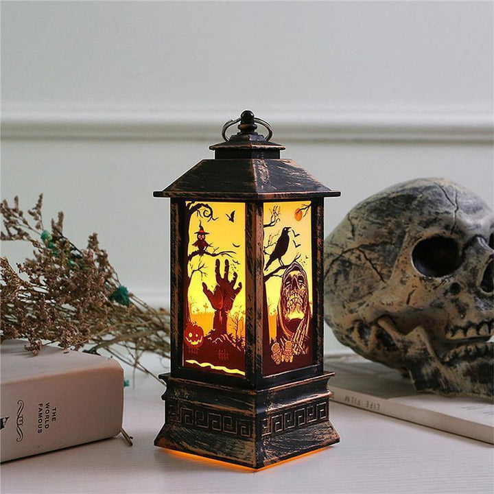 Halloween LED flamme lampe i græskarform, holdbart PVC og akryl, mystisk dekoration til indendørs og udendørs brug.