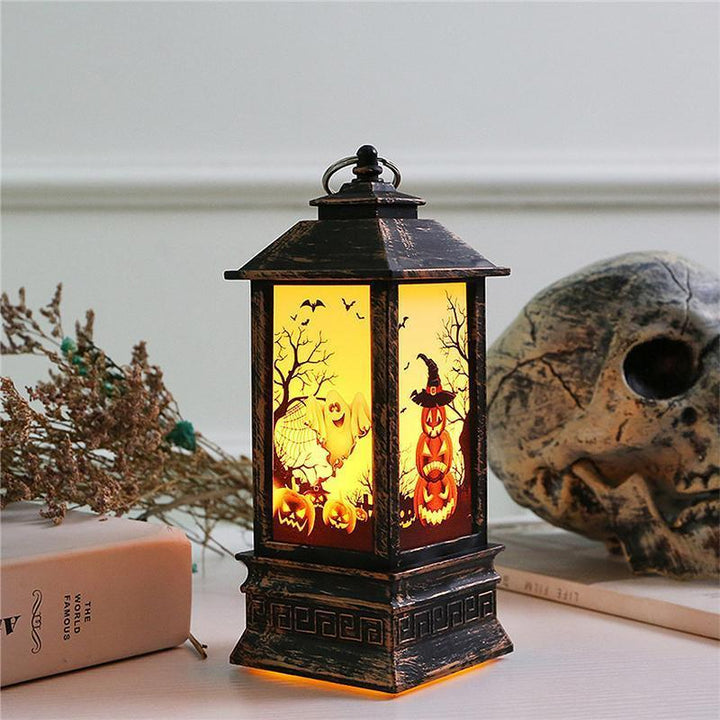 Halloween LED flamme lampe i græskarform, holdbart PVC og akryl, mystisk dekoration til indendørs og udendørs brug.