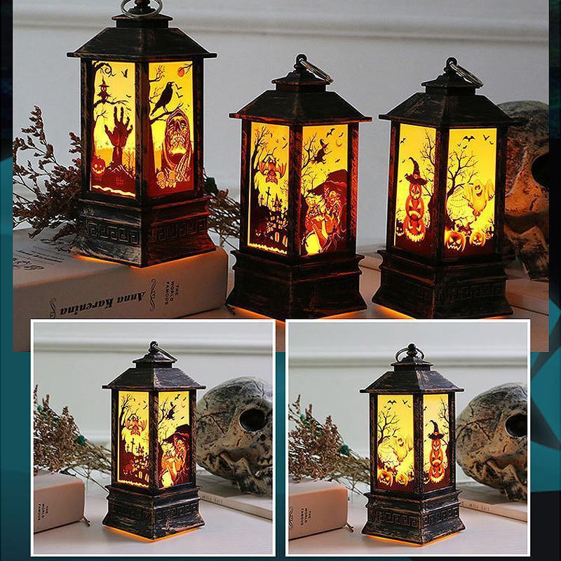 Halloween LED flamme lampe i græskarform, holdbart PVC og akryl, mystisk dekoration til indendørs og udendørs brug.