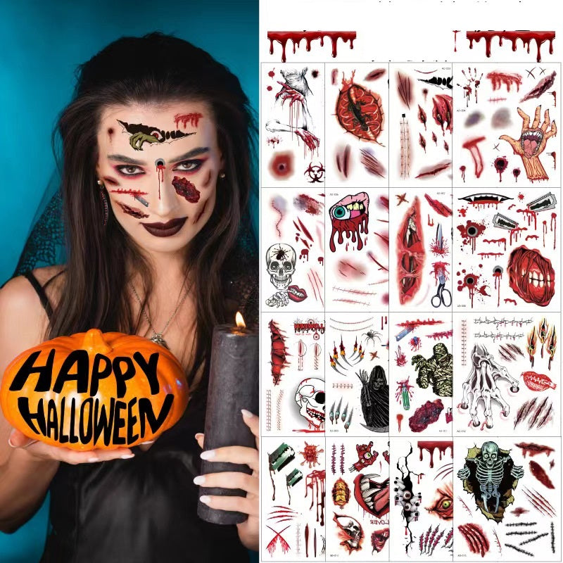 Halloween klistermærke tatueringer, skræmmende og realistiske designs dekorerer huden nemt til udklædning.
