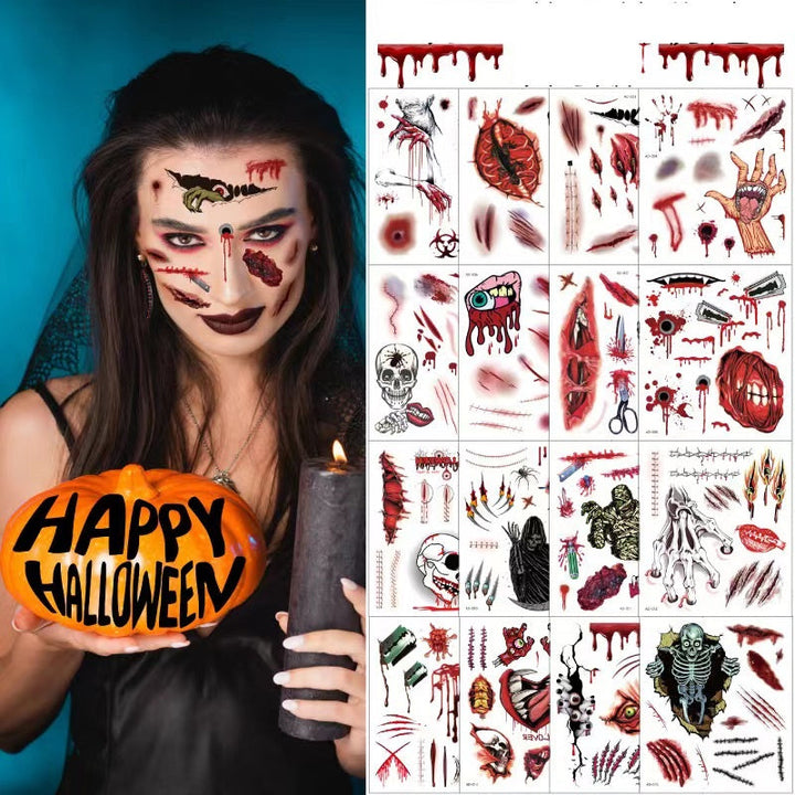 Halloween klistermærke tatueringer, skræmmende og realistiske designs dekorerer huden nemt til udklædning.