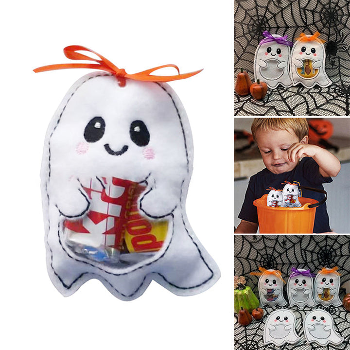 Halloween slikpose med græskar og spøgelse, gennemsigtig glimmerfilt, farverig og festlig.
