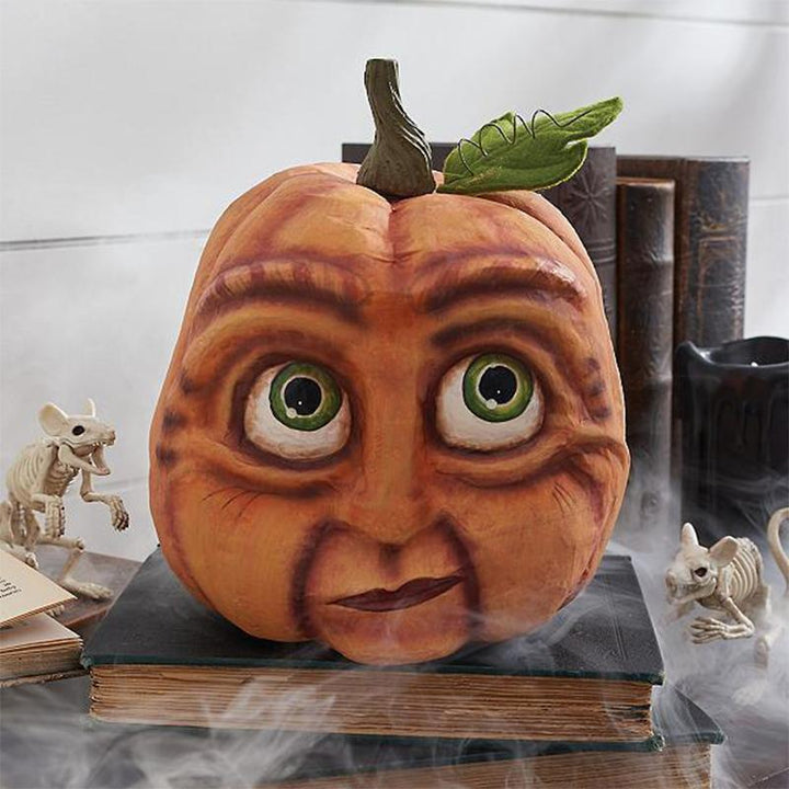 Halloween græskar figur, holdbar harpiks, uhyggelige træk, til udendørs brug, dekoration til have og interiør.