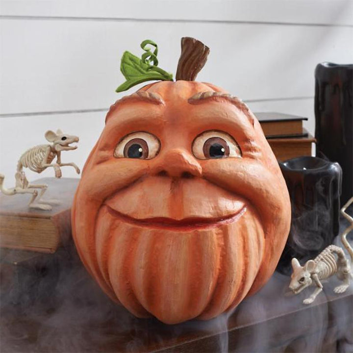 Halloween græskar figur, holdbar harpiks, uhyggelige træk, til udendørs brug, dekoration til have og interiør.