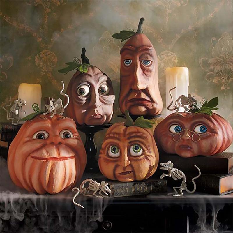 Halloween græskar figur, holdbar harpiks, uhyggelige træk, til udendørs brug, dekoration til have og interiør.
