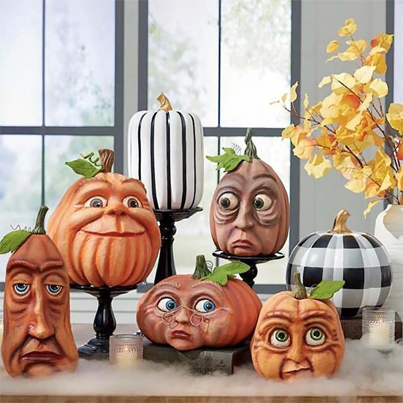 Halloween græskar figur, holdbar harpiks, uhyggelige træk, til udendørs brug, dekoration til have og interiør.