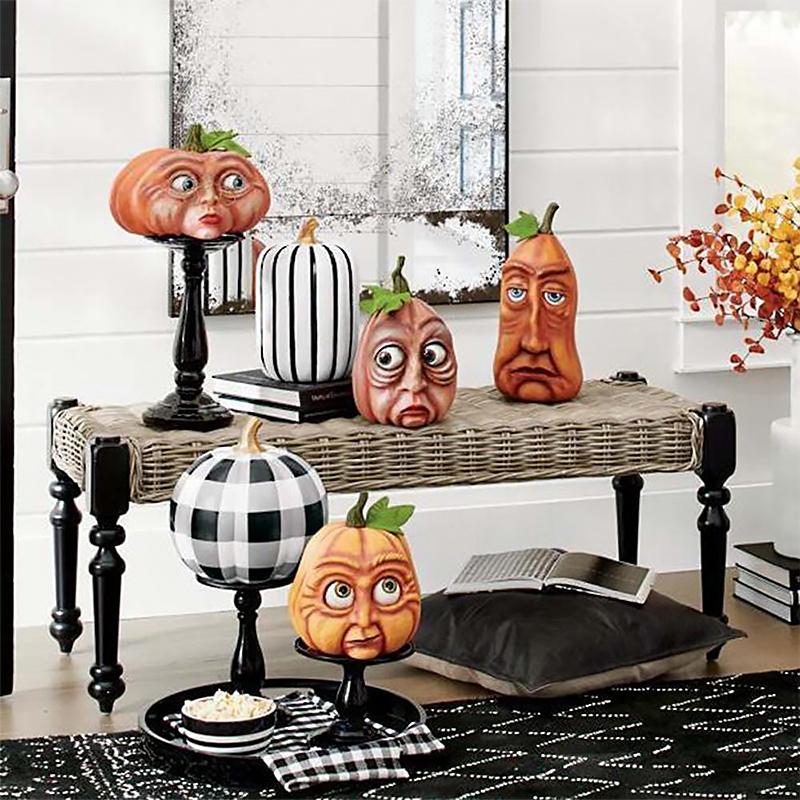 Halloween græskar figur, holdbar harpiks, uhyggelige træk, til udendørs brug, dekoration til have og interiør.