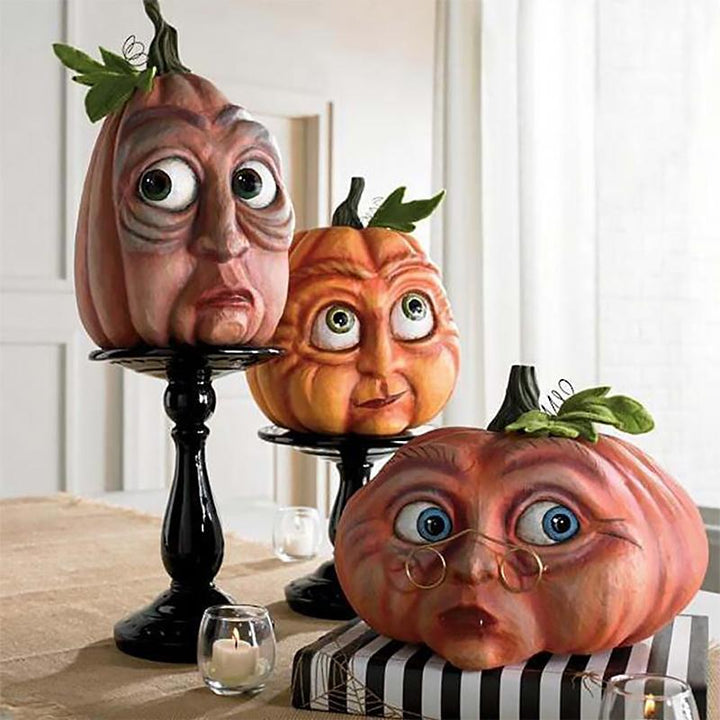 Halloween græskar figur, holdbar harpiks, uhyggelige træk, til udendørs brug, dekoration til have og interiør.