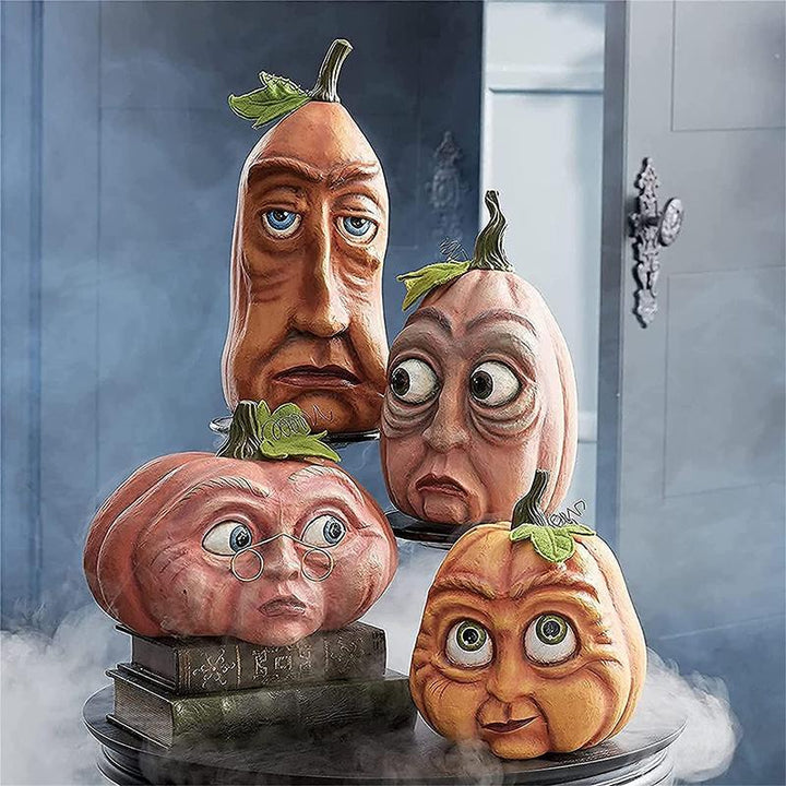 Halloween græskar figur, holdbar harpiks, uhyggelige træk, til udendørs brug, dekoration til have og interiør.
