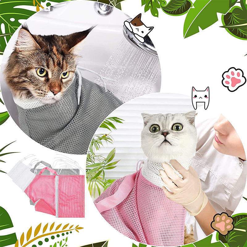 Kattens badnings- og plejepose i grå, åndbart stof, snore, til kattepleje, flerfarvet tilbehør.