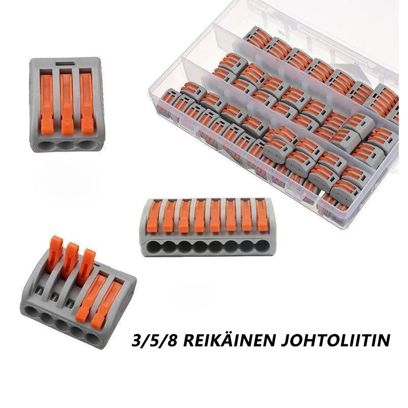 "Harmaa monikäyttöinen 3/5/8-napainen rasialiitin, kompaktin kokoinen, helpottaa johdinliitoksia ahtaissa tiloissa."