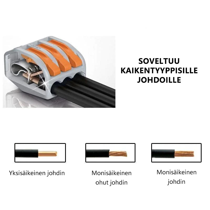 "Harmaa monikäyttöinen 3/5/8-napainen rasialiitin, kompaktin kokoinen, helpottaa johdinliitoksia ahtaissa tiloissa."
