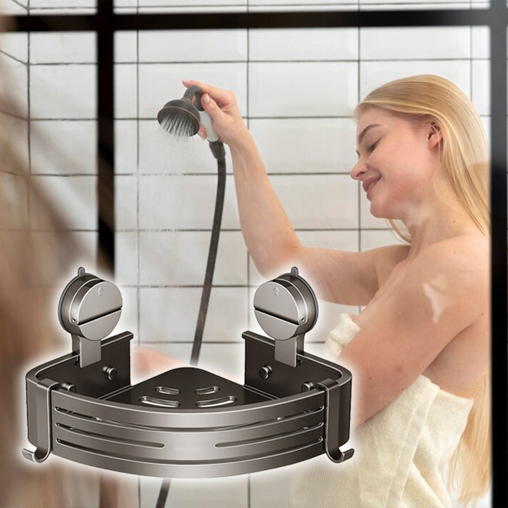 Grå væghængt badeværelsesopbevaring med sugekop, moderne design, rummelige rum, fastgøres til fliser.