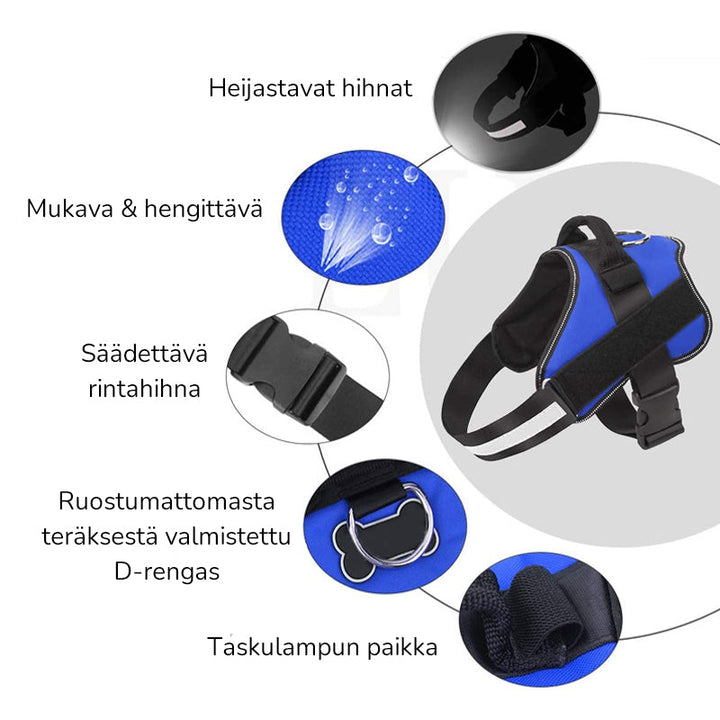 Reflekterende hundesele i forskellige farver, synlig i tusmørke, blødt mesh-stof, komfortabel og sikker for alle hunde.