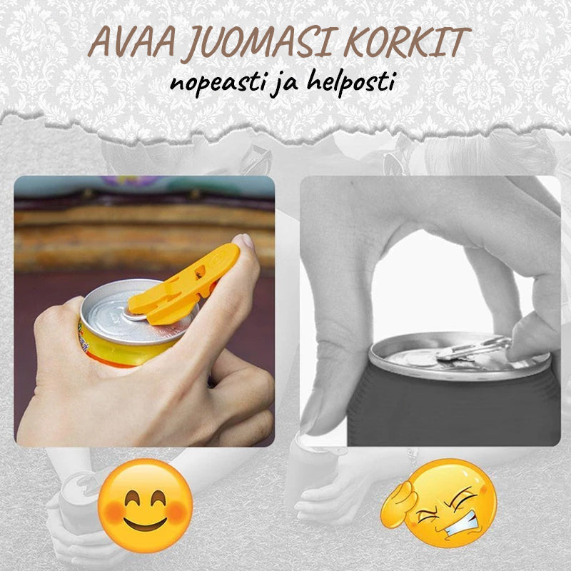 Brugervenlig flerfarvet dåseåbner, kompakt, sikker og let, farverigt design.