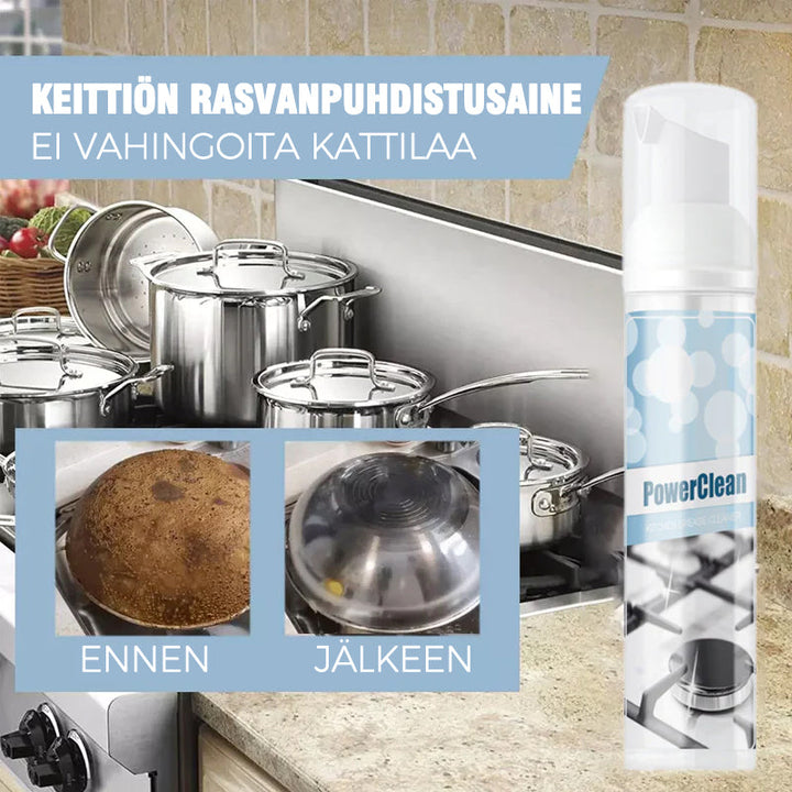 Brugervenlig skummende rensespray, hvid flaske, blåt sprayhoved, til rengøring af hjemmets overflader.
