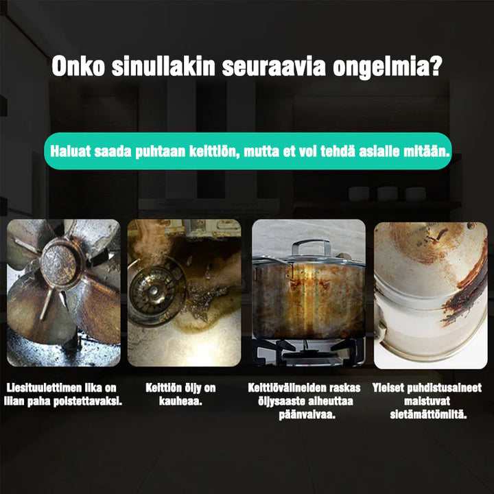 "Helppokäyttöinen vaahtoava puhdistussuihke, valkoinen pullo, sininen suihkepää, kodin pintojen puhdistukseen."