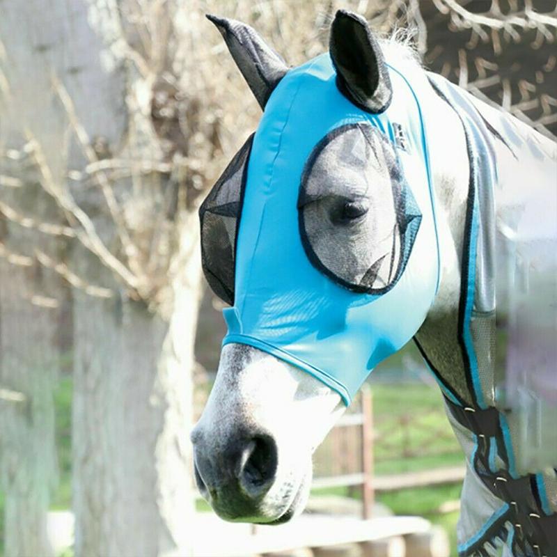 Hestens insektmaske med blødt nylonnet i blå, beskytter mod UV-stråler og insekter.