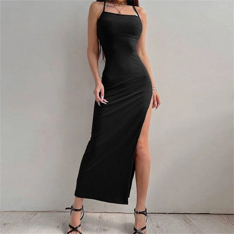 Dame halterneck bodycon kjole uden ærmer, minimalistisk design, spaghettistropper, blød stretch pasform, sommerkjole til kvinder.