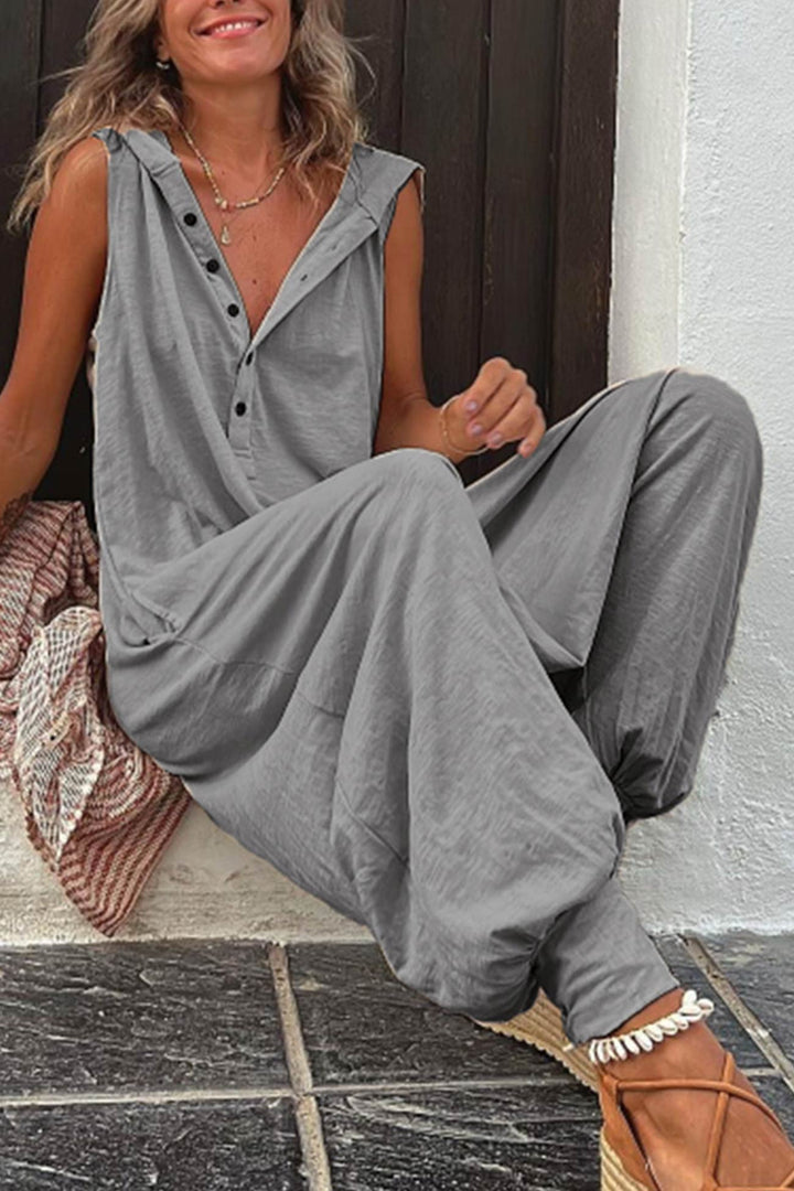 Ærmeløs bomulds hætte jumpsuit til damer, enkelt-knappet og med hætte, afslappet sommermode