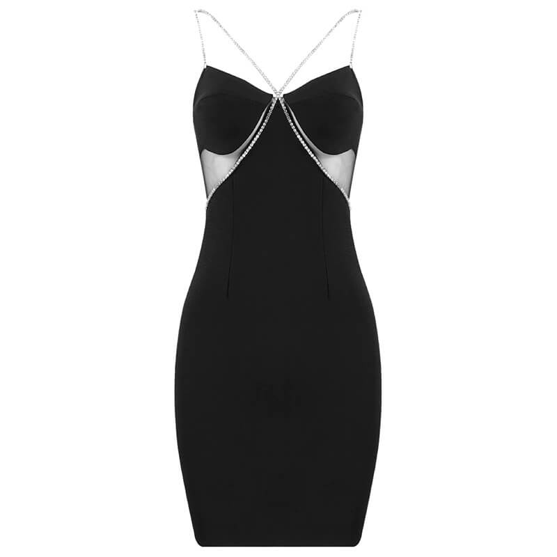 Dame Bodycon Mini Kjole med Rhinestone Stropper, tætsiddende pasform, fremhæver feminine kurver, glamourøs og selvsikker stil.
