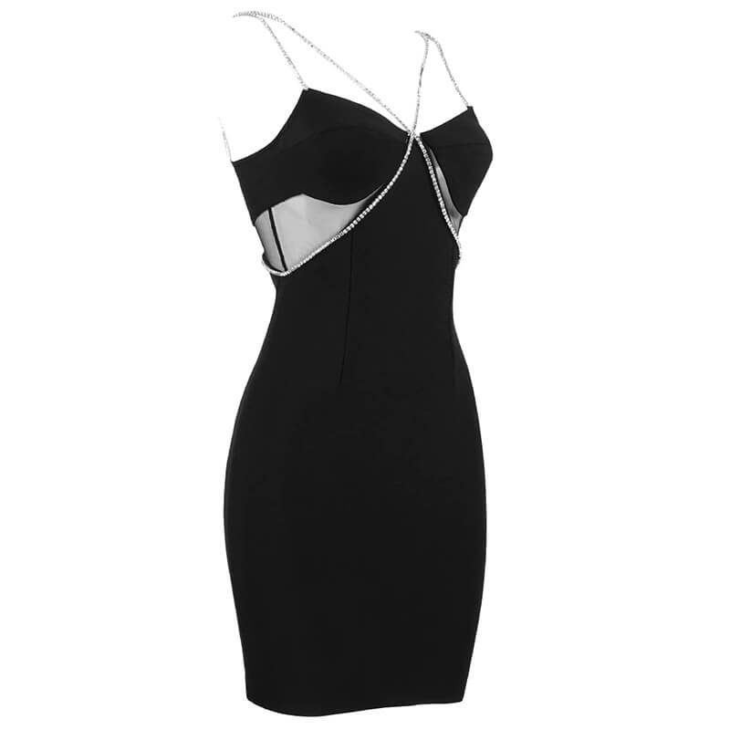 Dame Bodycon Mini Kjole med Rhinestone Stropper, tætsiddende pasform, fremhæver feminine kurver, glamourøs og selvsikker stil.