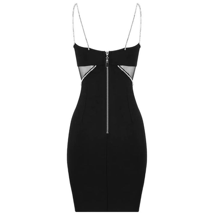 Dame Bodycon Mini Kjole med Rhinestone Stropper, tætsiddende pasform, fremhæver feminine kurver, glamourøs og selvsikker stil.