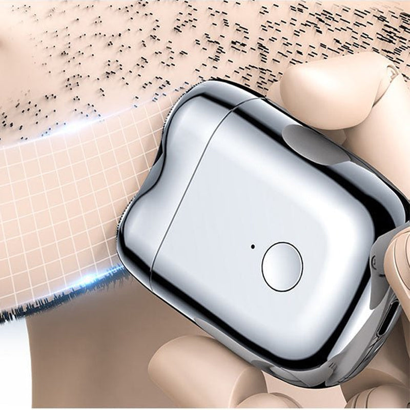 Sølv genopladelig minibarbermaskine, kompakt og stilfuld, med moderne design og holdbar metallegering.