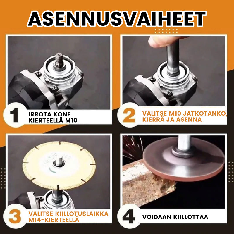 "Hopea metallinen kulmahiomakoneen jatkokappale, pitkä akseli, saumaton kiinnitys, sopii ahtaisiin paikkoihin autotöissä."