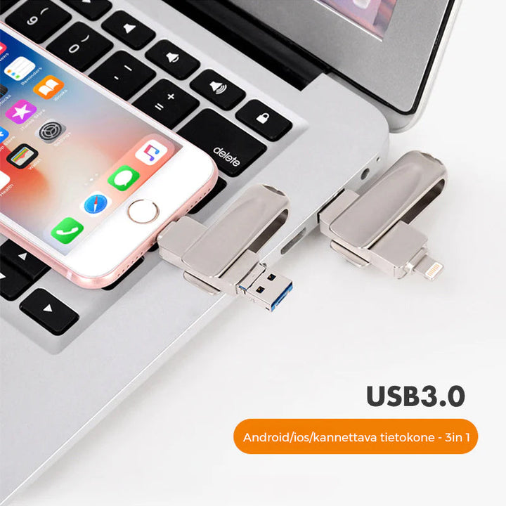 "Hopeanvärinen 3-in-1 USB-muistitikku metallirungolla, liitännät iOS, Android, PC; tyylikäs ja monipuolinen käyttää."