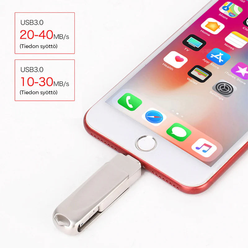 "Hopeanvärinen 3-in-1 USB-muistitikku metallirungolla, liitännät iOS, Android, PC; tyylikäs ja monipuolinen käyttää."