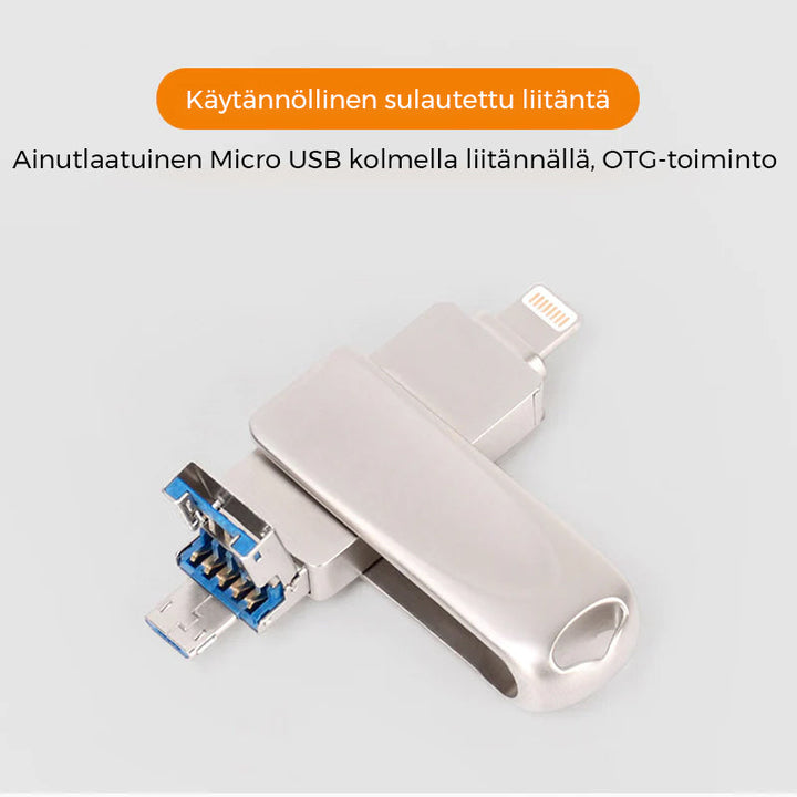 "Hopeanvärinen 3-in-1 USB-muistitikku metallirungolla, liitännät iOS, Android, PC; tyylikäs ja monipuolinen käyttää."