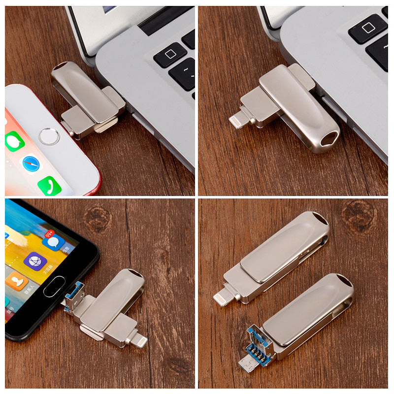 "Hopeanvärinen 3-in-1 USB-muistitikku metallirungolla, liitännät iOS, Android, PC; tyylikäs ja monipuolinen käyttää."
